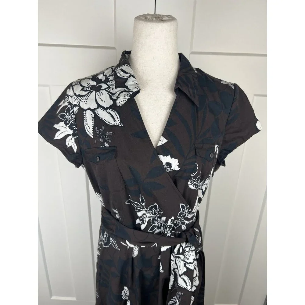 Talbots Fit & Flare Dress 12 Brown Cream Floral Faux Wrap Belted Midi - Picture 2 of 10